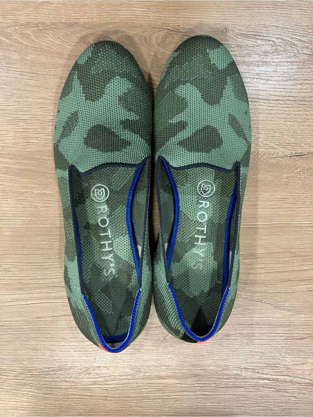 Rothy's Olive Green Camo Slip-On Flats with Navy Trim